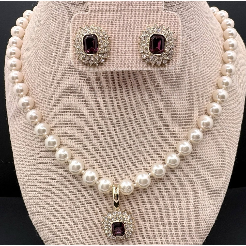 Vintage Faux Pearl Purple Clear Rhinestones Knotted Necklace Pierced Earring Set
